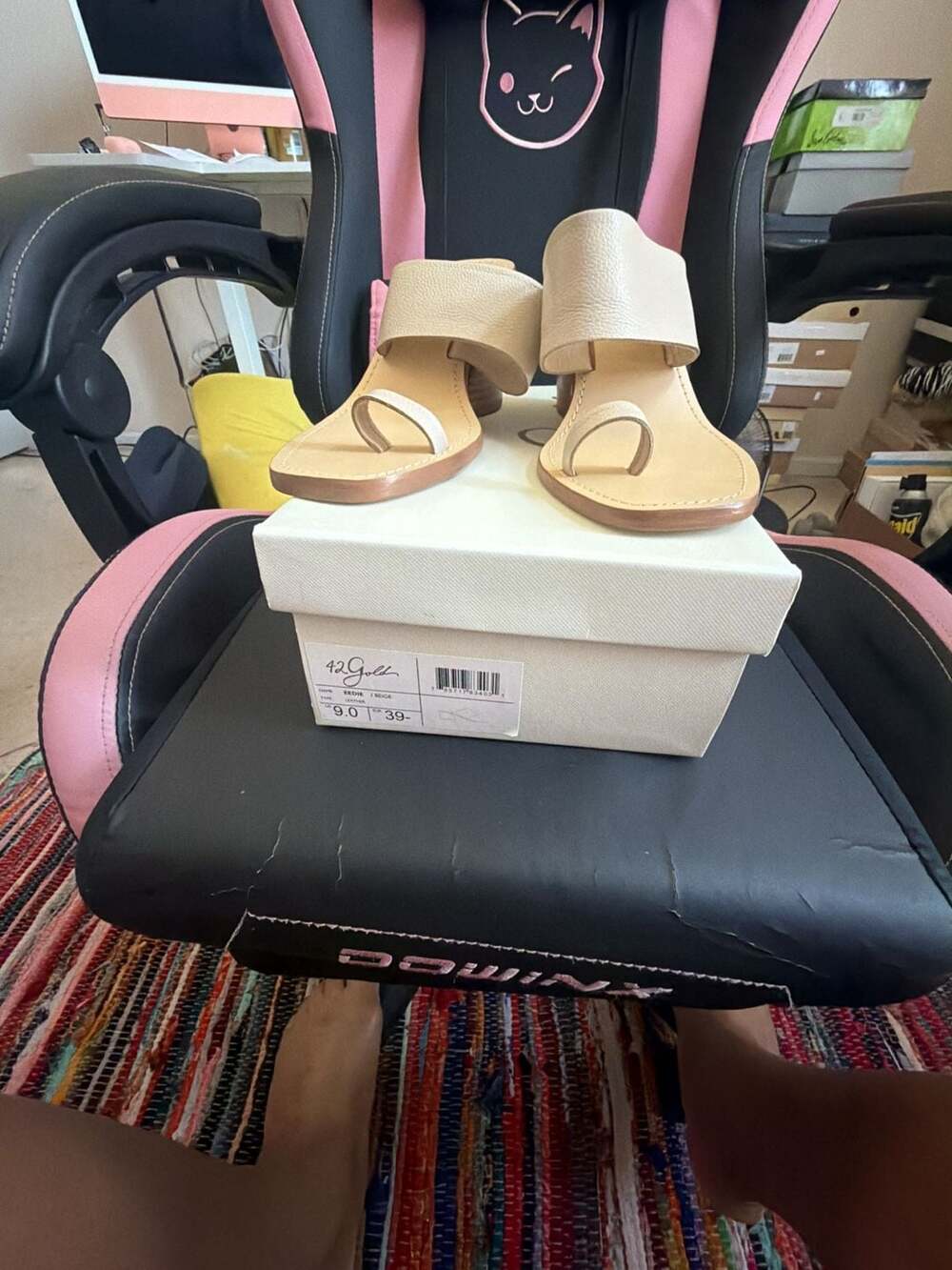 42 Gold Eedie Leather Toe Loop Stacked Heel Sandals in Beige